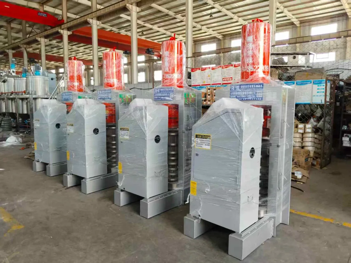 Packaged hydraulic presses ready for dispatch in the workshop